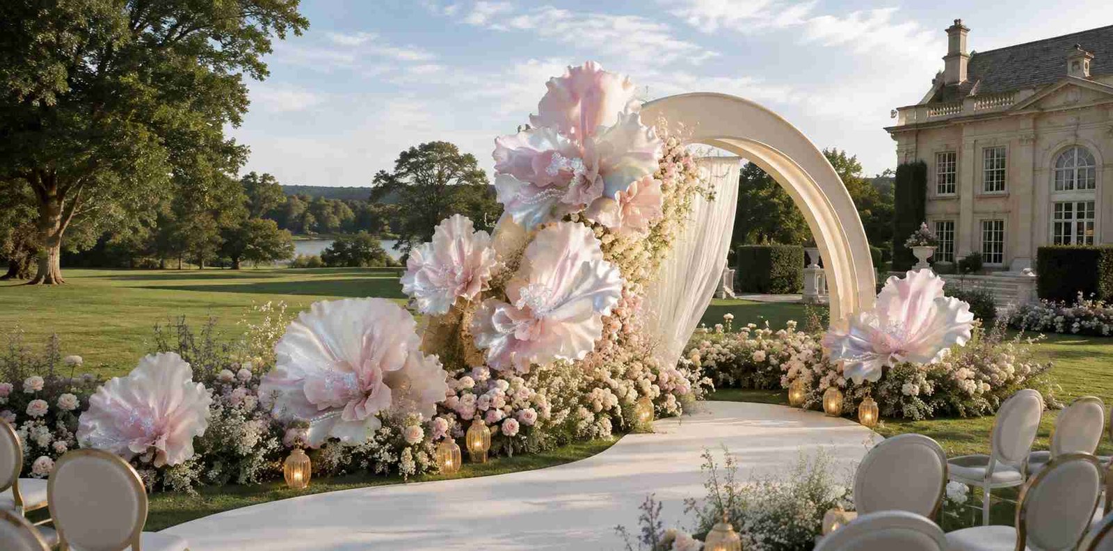 Giant artificial flowers for wedding venue decoration